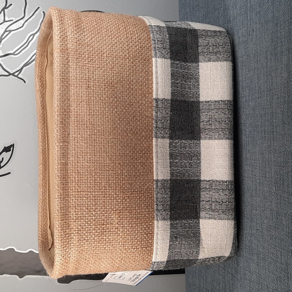 Canvas Storage Organizer Container Bin Gray Plaid Burlap Silver Handles Lined